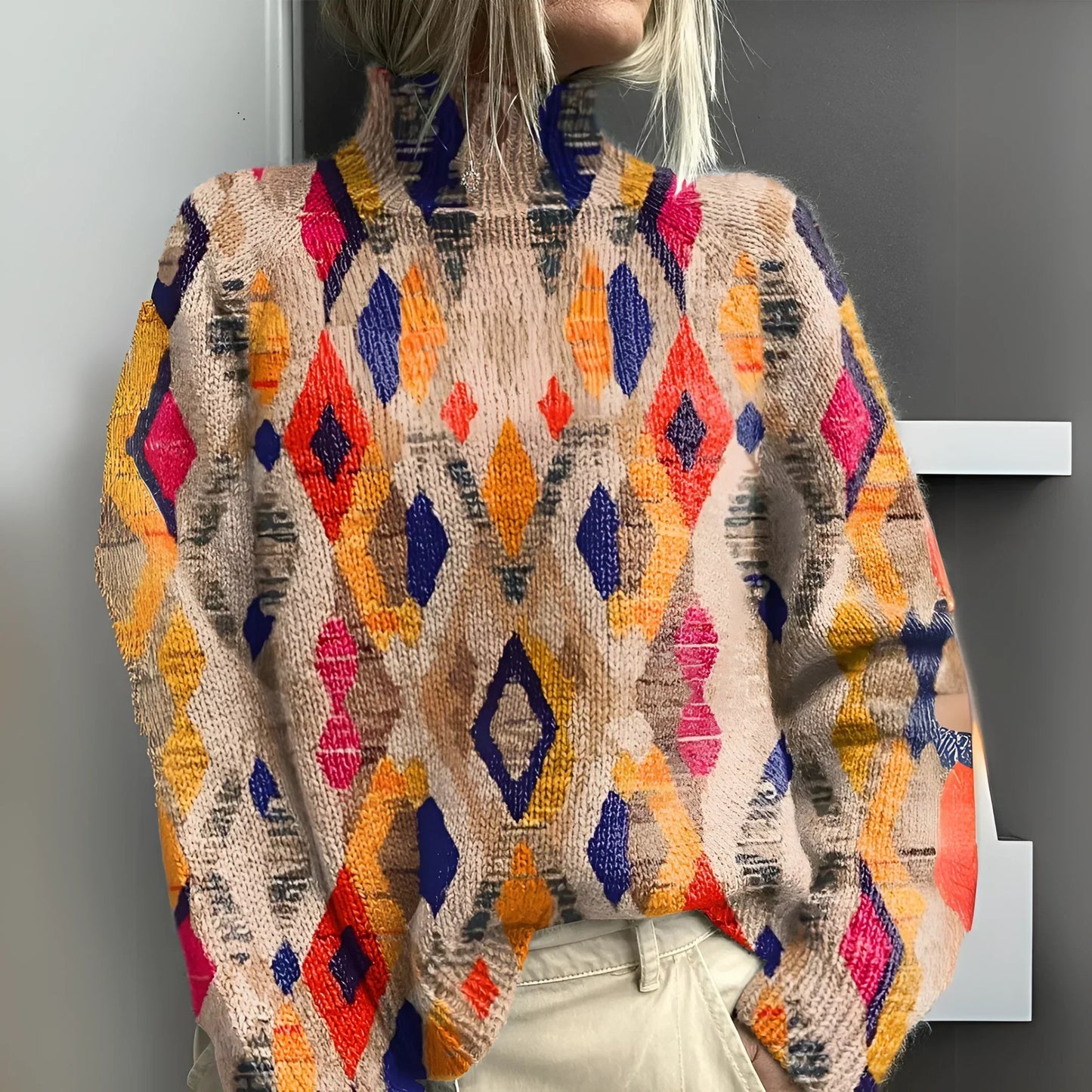 Fenna | Turtleneck Sweater with Geometric Check Knit Design